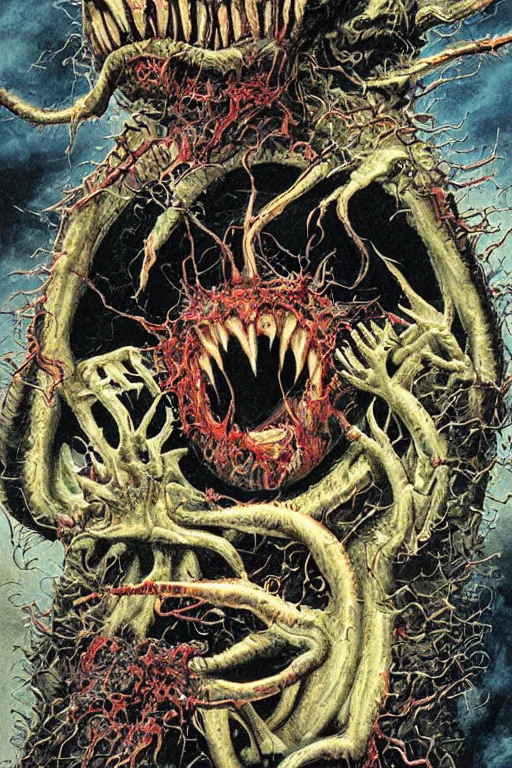 Image similar to a hyper detailed photorealistic painted horror movie poster for the thing 2 1 9 8 2 by john totleben & john carpenter depicting a horroifying abstract shape shifting alien organism made of human and animal tissue