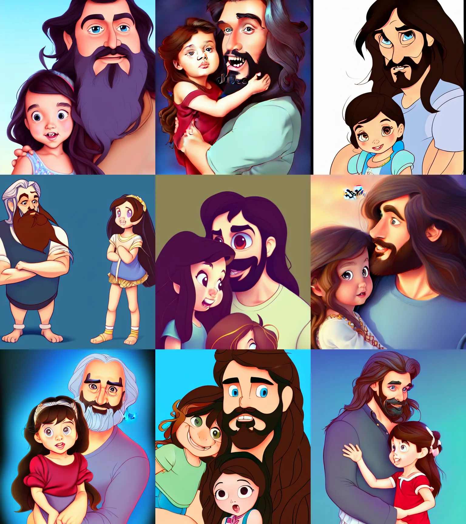 Image similar to a long - haired bearded father and his brunette child toddler girl full color digital illustration in the style of don bluth, artgerm, artstation trending, 4 k