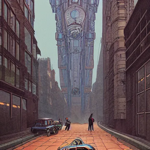 Prompt: a man standing next to a huge car in city, people walking, reflections on wet streets, dieselpunk style, steampunk, art by jean giraud and moebius ; architecture by francois schuiten, beautiful illustration, drawing, painting, clean lines, digital art, symmetric, colorful retrofutur, artstation