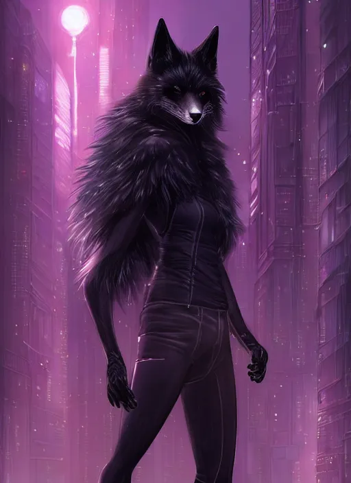 Image similar to award winning beautiful portrait commission art of a male furry anthro black fox fursona with a tail and a cute beautiful attractive detailed furry face wearing stylish cyberpunk clothes in a cyberpunk city at night while it rains. Character design by charlie bowater, ross tran, artgerm, and makoto shinkai, detailed, inked, western comic book art