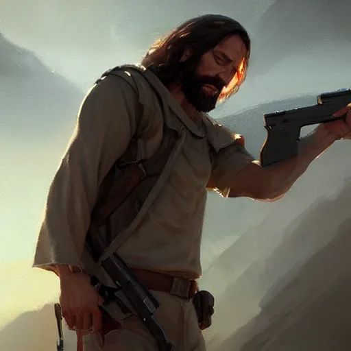 Prompt: jesus with a gun, cinematic lighting, highly detailed, concept art, art by wlop and artgerm and greg rutkowski, masterpiece, trending on artstation