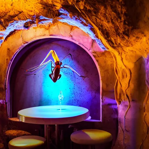 Image similar to cinematic photo of a beautiful albino praying mantis lit with saturated split colour blue and dusty pink lighting serving drinks in a grotto restaurant