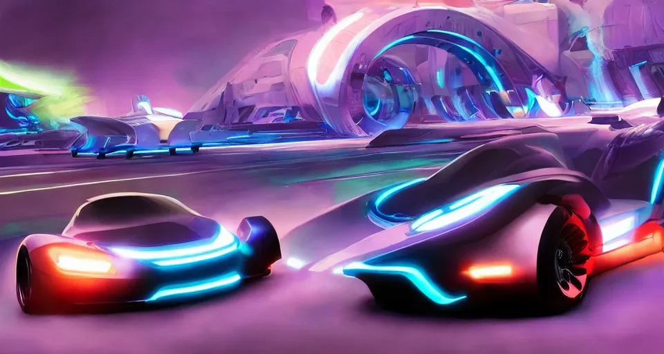 Image similar to dream tron tesla light cycle race, hot wheels, wipe out, hyper realistic, concept art, smooth, high contrast, volumetric lighting, octane, raytrace, syd mead, artgerm, jim lee,