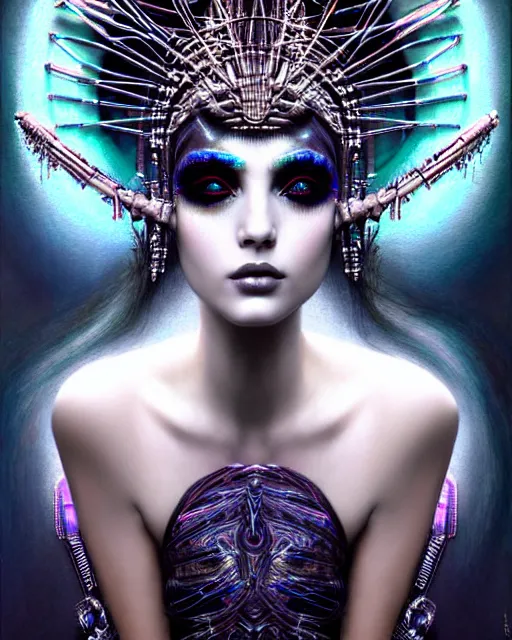 Image similar to hyperrealistic detailed portrait of a beautiful goddess in an iridescent cyber headdress, intricate cyberpunk make - up, art by android jones, john william godward, nekro borja, h. r. giger, gothic - cyberpunk,