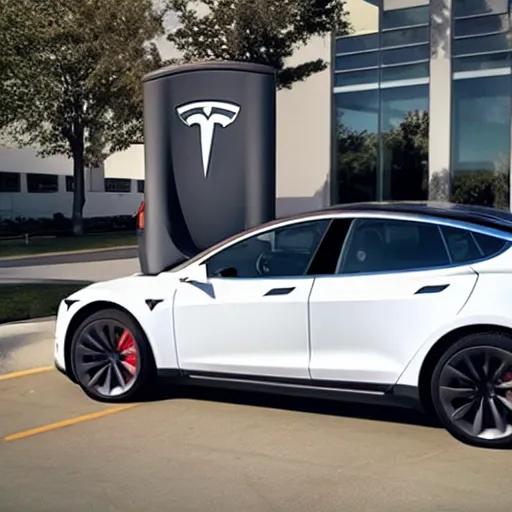 Image similar to tesla's new car model. aggressive lines. suv. parked in front of tesla's headquarters. building. beautiful. futiristic.