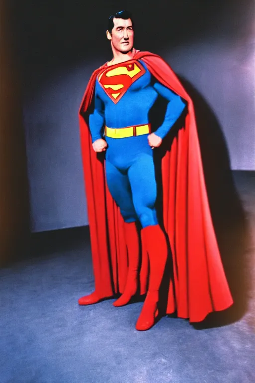 Prompt: rock hudson playing superman in, superhero, dynamic, 3 5 mm lens, heroic, studio lighting, in colour