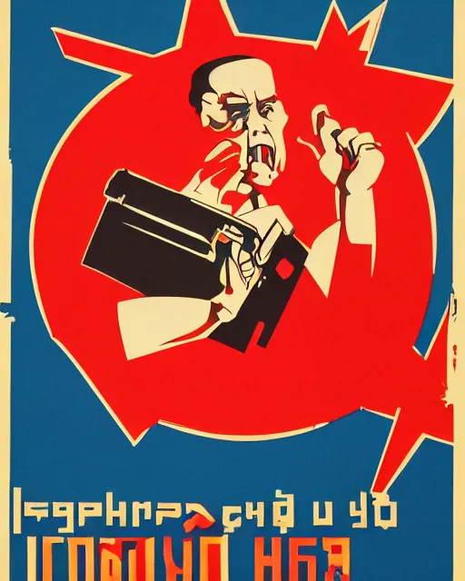 Image similar to soviet propaganda poster of an angry communist developer yelling at his computer