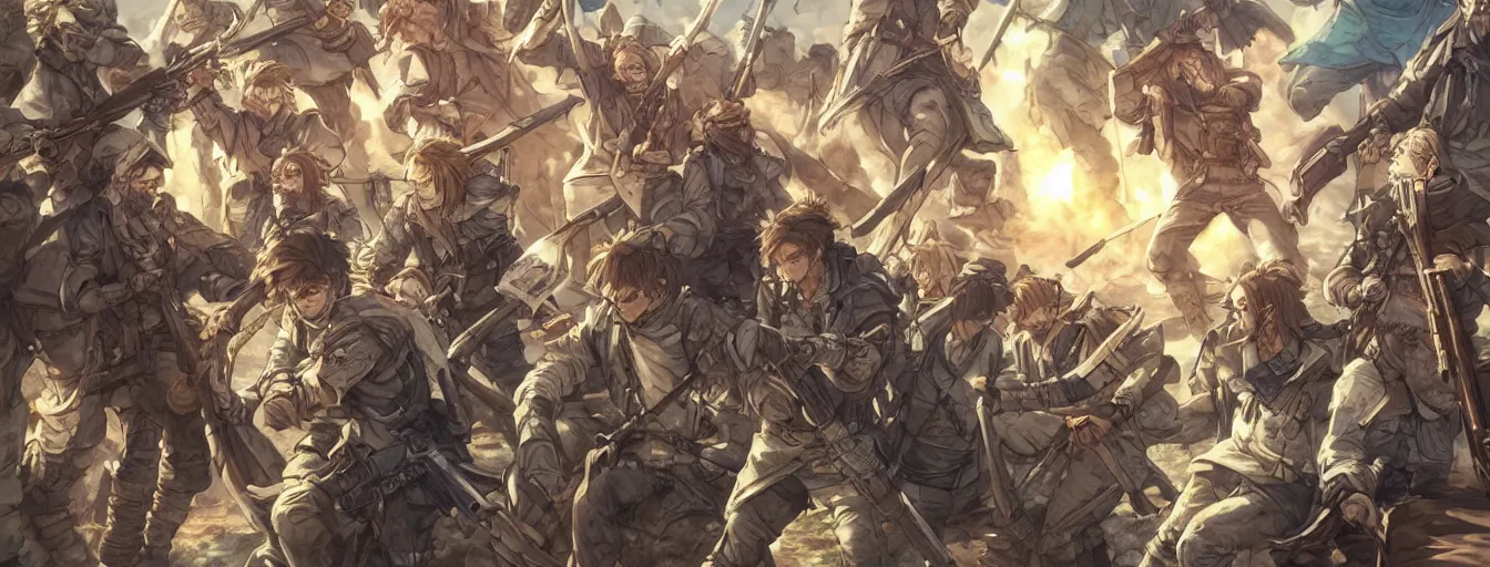 Image similar to calvary soldiers mutiny rebellion nihilistic. hyperrealistic anime background illustration by kim jung gi, colorful, extremely detailed faces, intricate linework, smooth, super sharp focus, bright colors, high contrast, matte, octopath traveler, studio ghibli, unreal engine 5 highly rendered, global illumination, radiant light