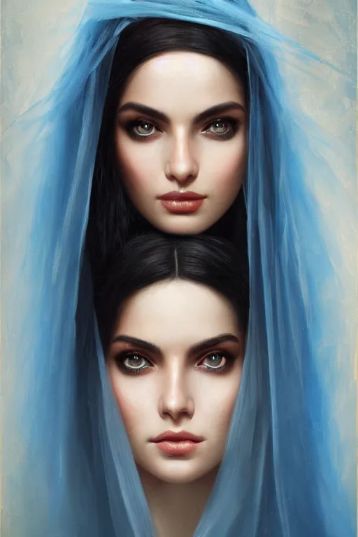 Image similar to ameera al taweel, bright blue eyes, long wavy black hair, white veil, front closeup, cinnamon #b57e59 skin color, highly detailed, centered, oil painting, artstation, concept art by tom bagshaw