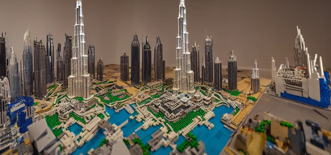 Image similar to detailed lego build of burj khalifa, dubai on basement table, professional photo, professional lighting, HDR