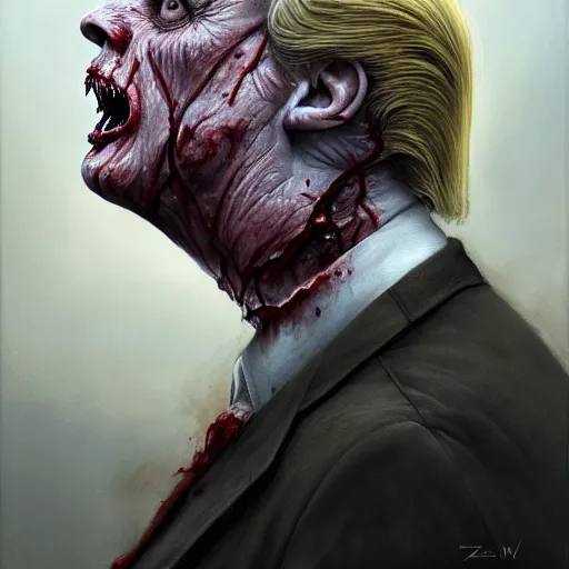 Prompt: side portrait of donald j. trump as a zombie looking down, 7 days to die zombie, fine art, soft light from the side, award winning, subtle earthy tones, intricate, elegant, sharp focus, cinematic lighting, digital painting, 8 k concept art, art by michael hussar, art by brom, art by z. w. gu, 8 k