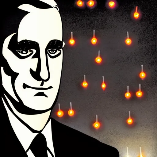 Image similar to digital illustration of secretary of denis mcdonough face, cover art of graphic novel, eyes replaced by glowing lights, glowing eyes, flashing eyes, balls of light for eyes, evil laugh, menacing, Machiavellian puppetmaster, villain, clean lines, clean ink