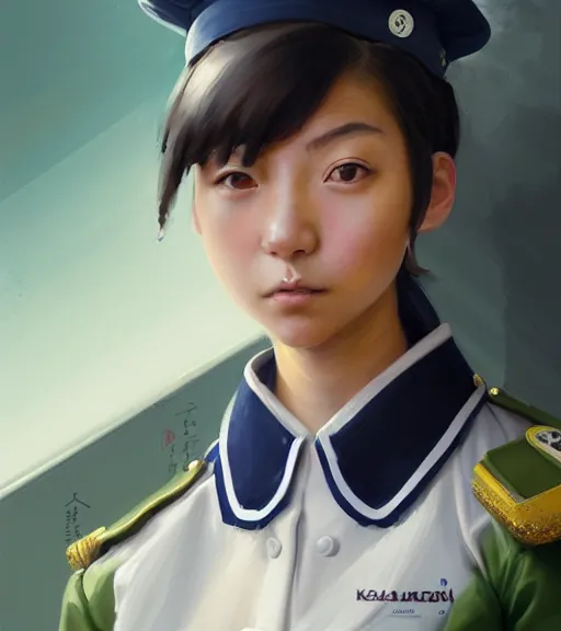 Prompt: portrait of an Italian Japanese teen female schoolgirl with short hair wearing a navy and white sepuku uniform and jumping outside a green trashbin in Kalakaua avenue in Waikiki, intricate, elegant, highly detailed, centered, digital painting, artstation, concept art, smooth, sharp focus, illustration, by Peter Mohrbacher, WLOP