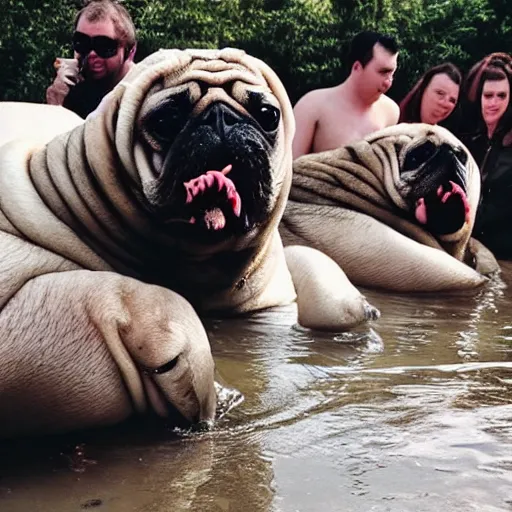 Image similar to a Walrus-Pug Hybrid, A Walrus that looks like a pug, huge tusks, afternoon hangout, good times photograph, candid