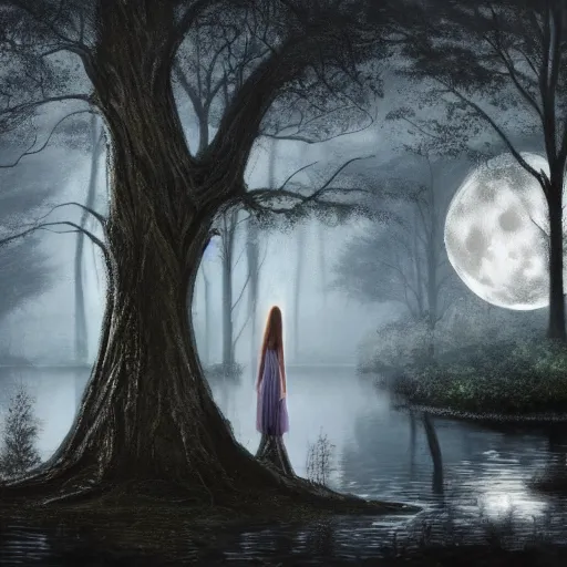 Prompt: an ultra realistic painting of a girl in a silver dress sitting in a gigantic ancient tree next to a pond at night, surrounded by a towering dark forest, the moon can be glimpsed through the trees and is veiled by fog, fog obscures the background, midnight, dark fantasy, fantasy forest, spooky forest, highly detailed, concept art