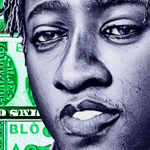 Image similar to juice wrld on the dollar bill 4 k detailed super realistic