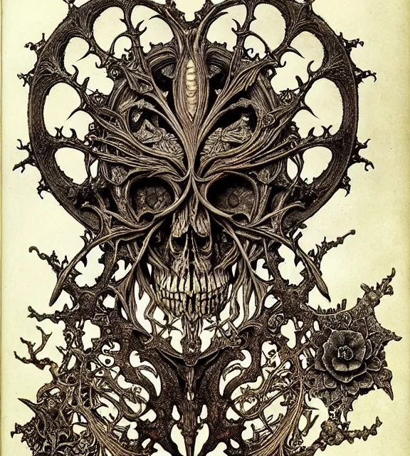 Image similar to memento mori by arthur rackham, art forms of nature by ernst haeckel, exquisitely detailed, art nouveau, gothic, ornately carved beautiful skull dominant, intricately carved antique bone, art nouveau botanicals, ornamental bone carvings, art forms of nature by ernst haeckel, horizontal symmetry, arthur rackham, ernst haeckel, symbolist, visionary