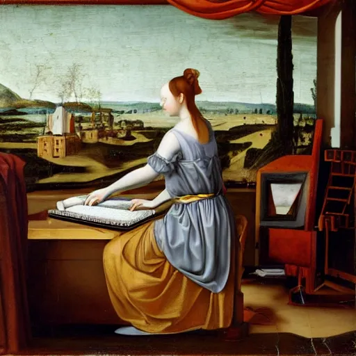 Image similar to Renaissance oil painting, full room view, skinny female artist back view, dark hair, pale grey babydoll dress, sleeveless, ruffle shoulders, typing on a computer keyboard facing a giant wall size computer screen