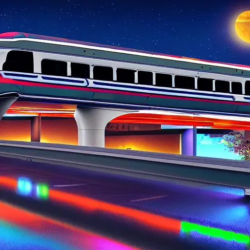 Prompt: highly detailed monorail going through a modern city at night, two moons, neon