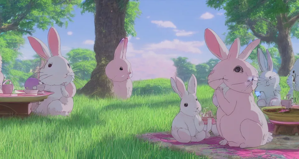 Image similar to 3 pink and teal colored bunnies having a tea party, by studio ghibli, makoto shinkai, cryengine 8 k uhd, beautiful nature anime illustration