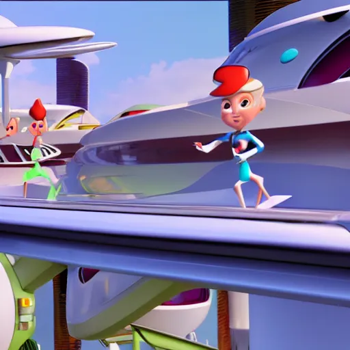 Prompt: Film Still of a 2000s Jetsons Film featuring a CGI George Jetson, 3D Animated, 3D Animated Film, 3D, CGI, realistic, photograph, hyperrealistic, highly detailed, very detailed, extremely detailed, detailed, digital art, trending on Artstation, HD Quality