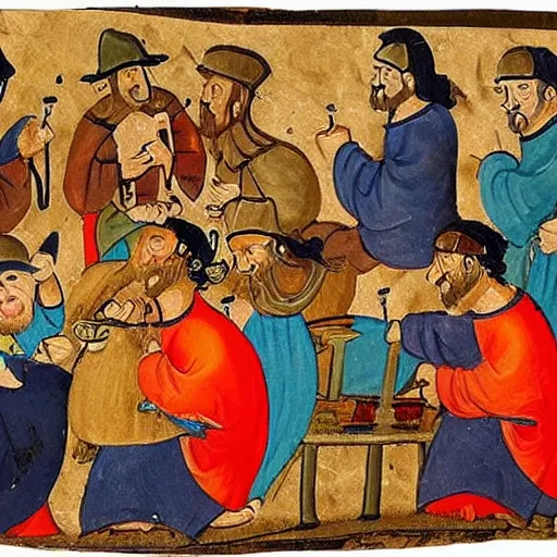 Image similar to a bunch of lads having some beers medieval scroll painting