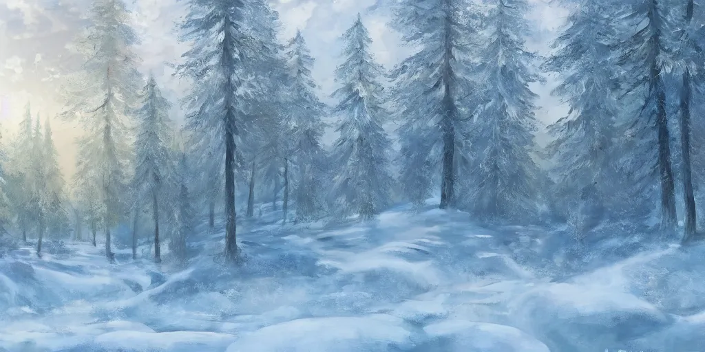 Prompt: landscape portrait f a mile high ice wall, dividing a wintery forest, fantasy, digital art, trending on artstation