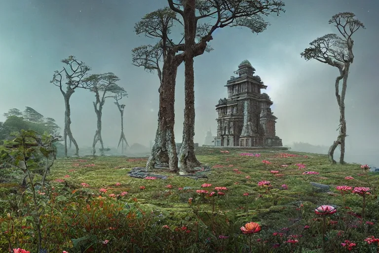 Prompt: photography of a beautiful archipelago of never seen before stunning ancient indian temple and palaces. complex intricate pilars patern, runes. trees water and flowers. afternoon light inspiring science fiction, intricate, elegant, uplifting, inspirational, highly detailed by beksinski and simon stalenhag