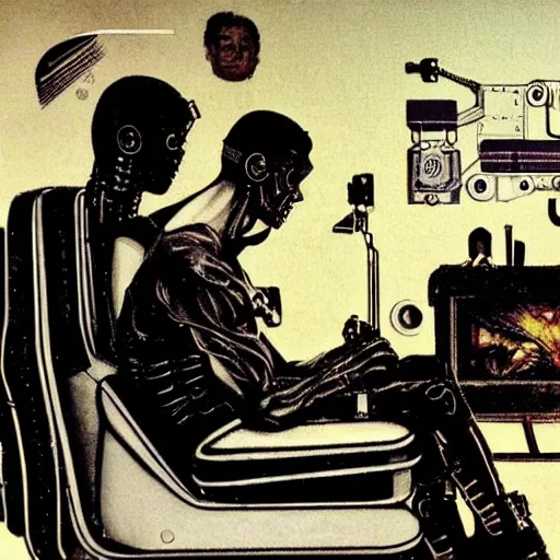 Image similar to Cyborg, posthuman, cybernetically augmented human, sitting in living room chair, watching black and white TV, drawn by Norman Rockwell