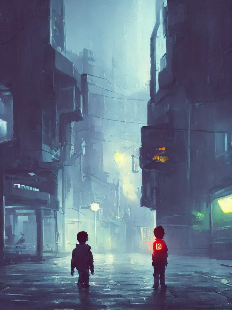 Prompt: a single little boy in a dark alley in a big city with neonlights by night a painting from stalenhag, 4 k, 8 k, hdr, artstation, concept art