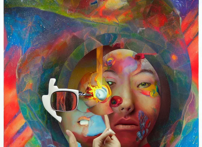Image similar to a painting of a person looking in a mirror, a surrealist painting by Taro Okamoto, behance contest winner, pop surrealism, surrealist, cosmic horror, biomorphic