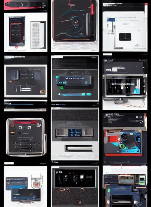 Image similar to electronics catalogue pages, hyper-detailed futuristic gadgets designed by Syd Mead, Jony Ive and Dieter Rams