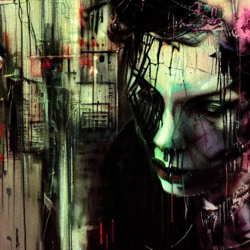 Image similar to a dark cyberpunk dream of wires broken skulls skin cybernetic machines and decay moody hyperrealism 8 k photo atmospheric by jeremy mann, francis bacon and agnes cecile, ink drips paint smears digital glitches glitchart