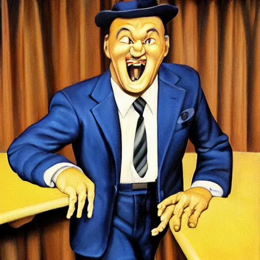 Image similar to beautiful lifelike painting of gene kelly demanding a refund on undercooked overpriced dinosaur steak in downtown dive bar bistro, hyperreal detailed facial features and uv lighting, art by ed roth, ryu noguchi and basil wolverton