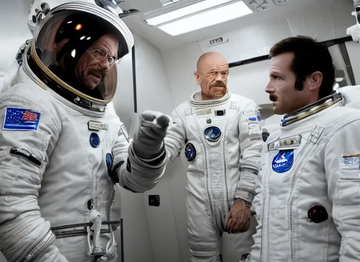 Prompt: Among Us Crewmate astronaut talking with Walter White, movie screenshot, detailed, realistic, clean composition