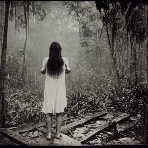 Image similar to an ancient evil-girl devouring the human souls on a mysterious Colombian jungle, mist, abandoned house, 1910 polaroid photography, grainy film, Black and white