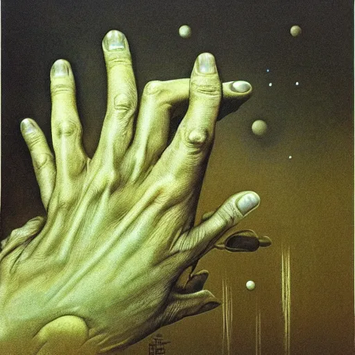 Prompt: hand coming out of space, hair on back of hand, zdzislaw beksinski