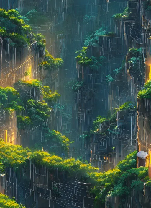 Image similar to city built on terraces in a gigantic canyon, lots of buildings connected by hanging bridges, waterfalls, glow coming from amber veins in the ground, lush vegetation, pitchblack sky, extremly detailed digital painting, in the style makoto shinkai and atey ghailan, rim light, beautiful lighting, 8 k, stunning scene, raytracing, octane, trending on artstation