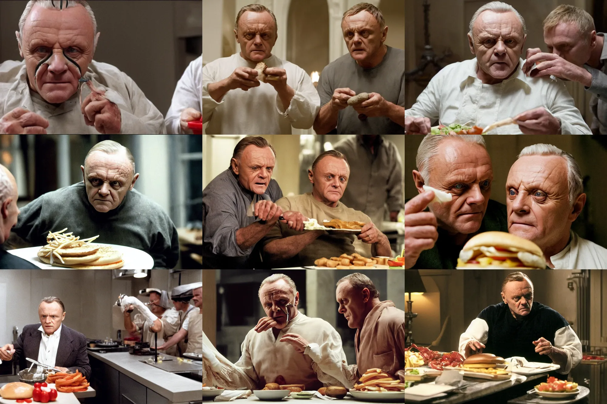 Prompt: anthony hopkins as hannibal lecter, preparing mcdonald's big mac, cooking television show still