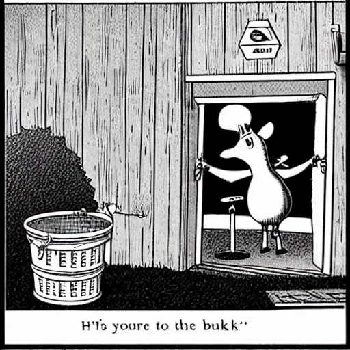 Image similar to a cow points at a bucket, illustrated by gary larson, far side comic, b & w