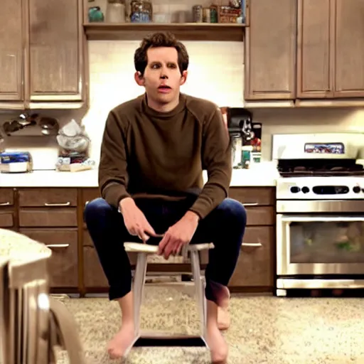 Image similar to dennis reynolds, sitting on a throne in a kitchen, cinematic style