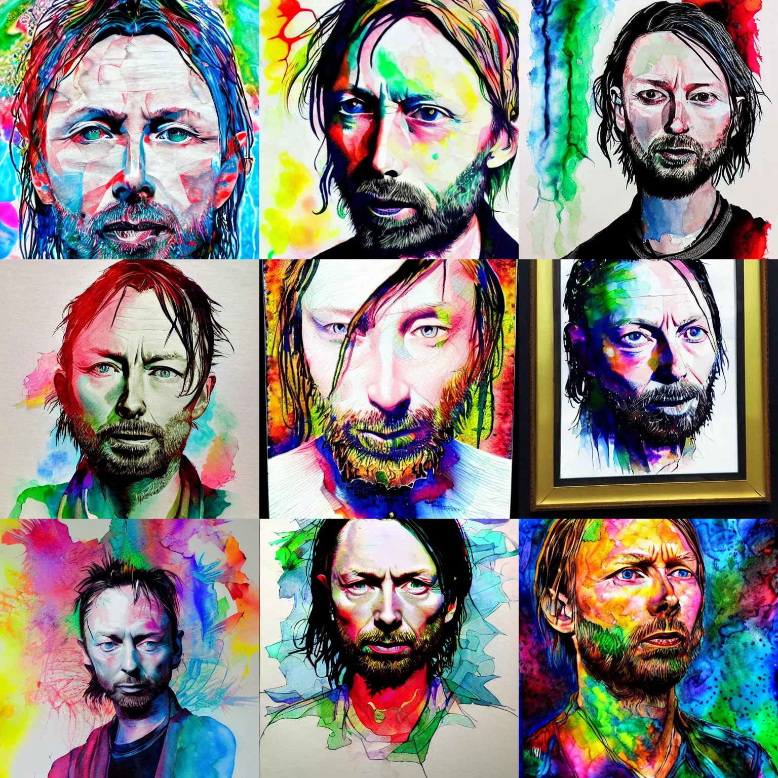 Prompt: thom yorke, alcohol inks on parchment, brilliant colors, high detail, concept art