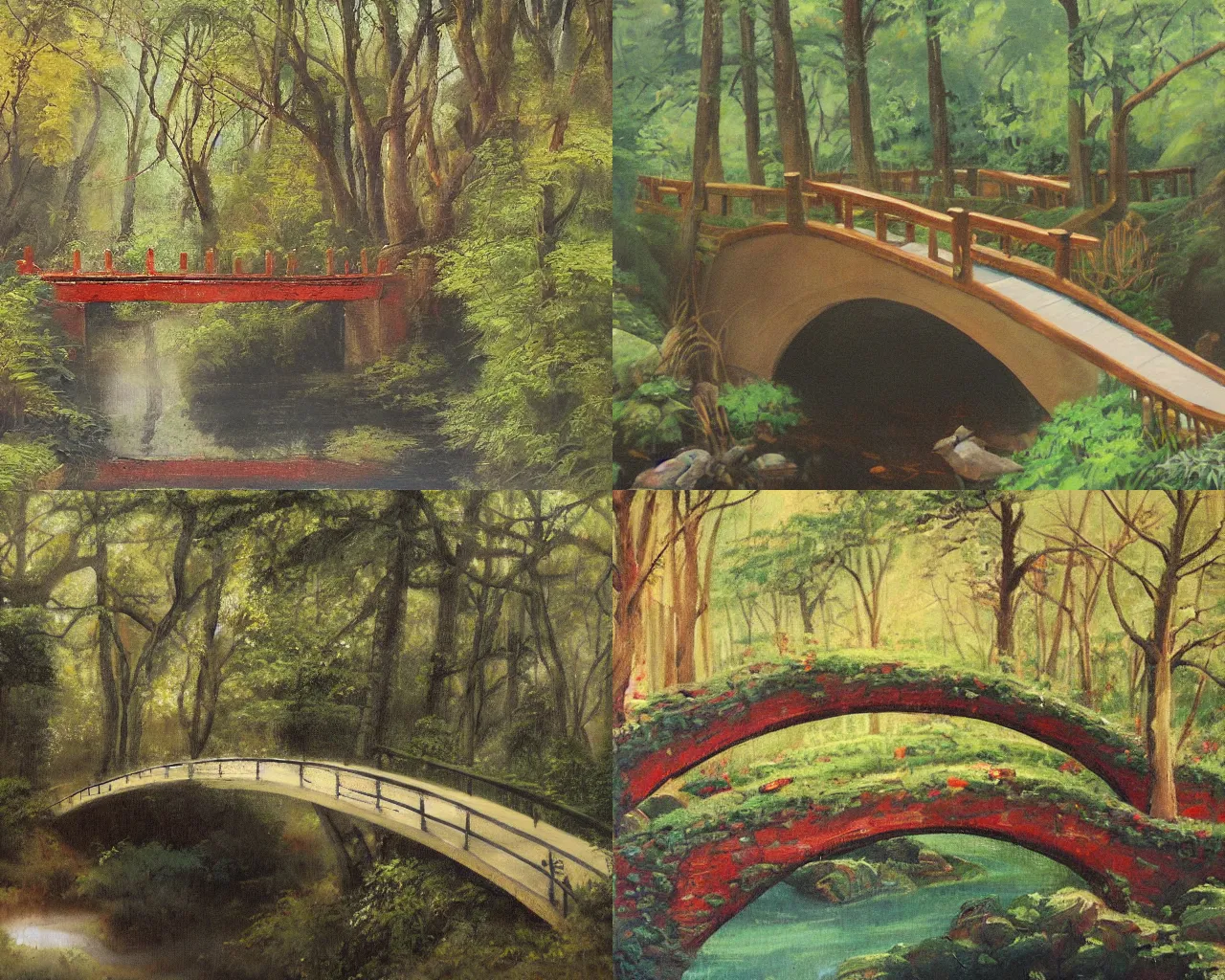 Prompt: painting of a forest bridge by qian xuan