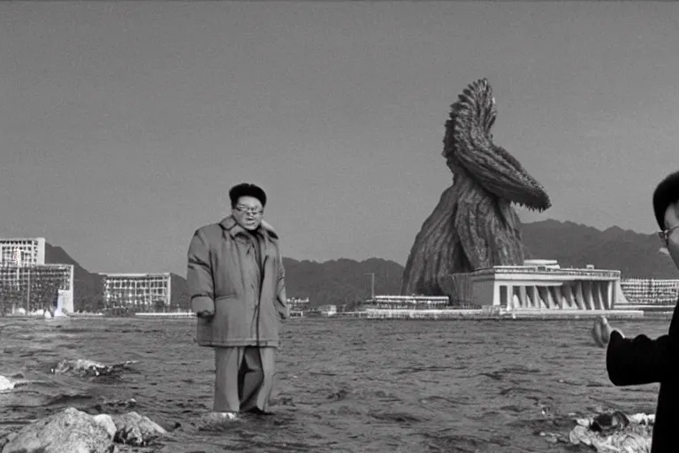 Prompt: a filmstill of Kim Jong-il looking at a giant starfish Kaiju monster destroying Pyongyang, in Stalker (1979) by Andreï Tarkovski, traditional Korean city, palace, epic ultrawide shot, cinémascope