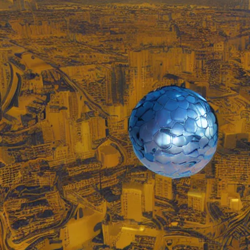 Prompt: a sphere containing a sphere which contains a city, the first sphere is translucent gold and the second sphere is translucent blue and the city is metallic silver, digital, 3D, detailed, photo realistic