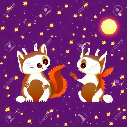 Prompt: cute furry squirrels dancing and cleaning moonlight and flowers