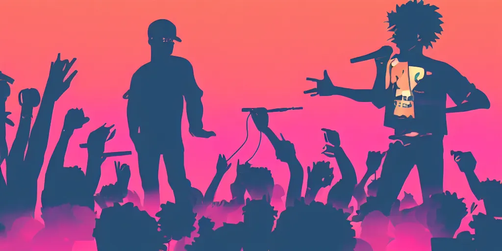 Image similar to rapping into microphone, silhouette, huge crowd, outrun, vaporwave, hip hop, simple shapes, trending on Artstation, professional artist, detailed, 4k