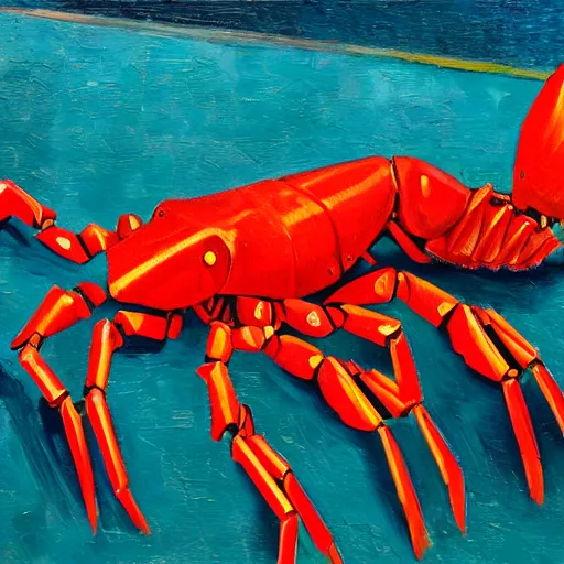 Prompt: red robotic crayfish cut the gold medal's ribbon from human neck by hand, 4 k, oil painting, van gogh