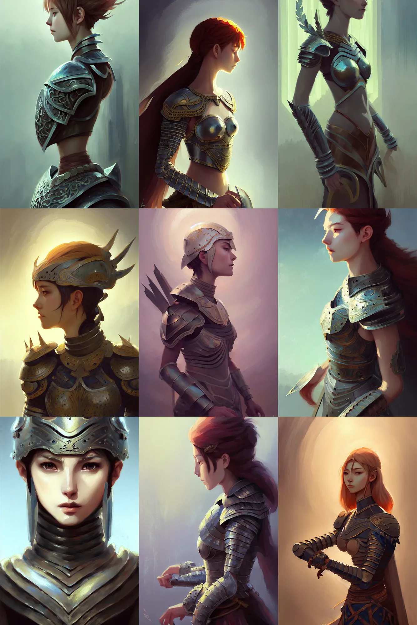 Prompt: female warrior, lovely delicate face, sophisticated armor, oil painting, passion, bravery, intricate armour costumes, light and shadow effects, intricate, digital painting, art station, concept art, cold tones, sharp focus, morandi color scheme, sharply shaped, illustration, art by makoto shinkai and lois van baarle