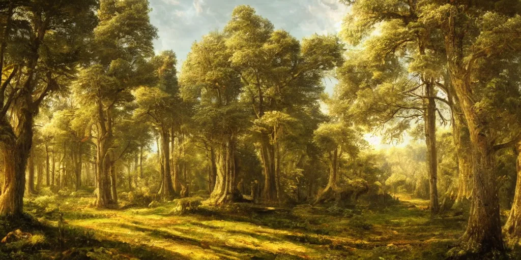 Prompt: landscape of a large castle in a pine forest, well lit, detailed, cinematic lighting, oil painting